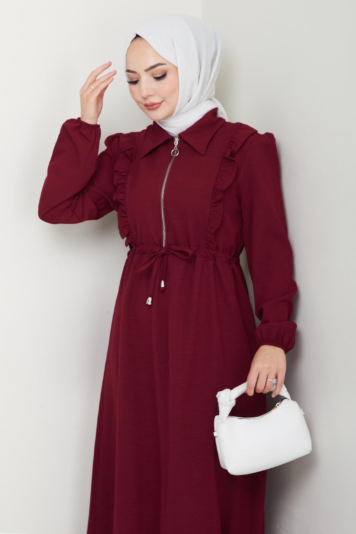 Fermuarlı Fırfır Detaylı Bordo Elbise