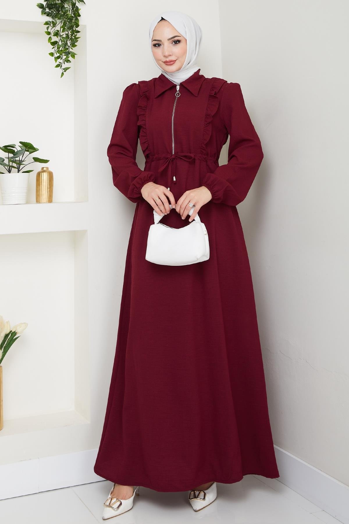Fermuarlı Fırfır Detaylı Bordo Elbise