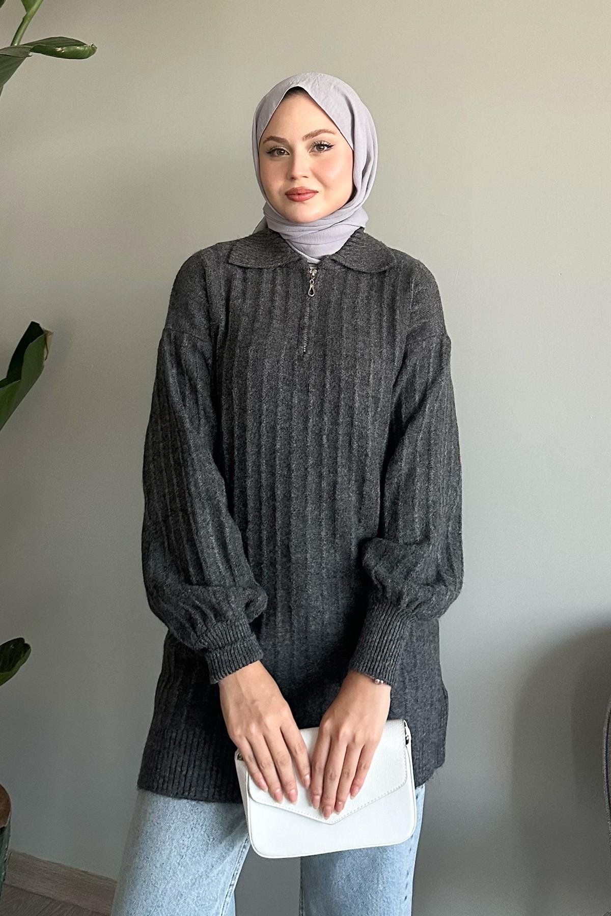 Fermuarlı Peluş Antrasit Triko Kazak