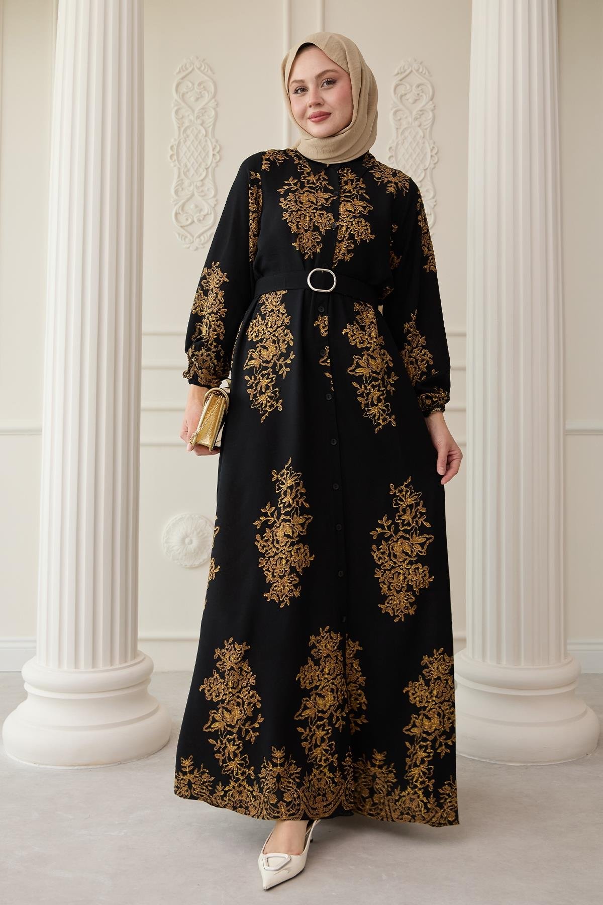 Gold Desenli Siyah Viskon Elbise