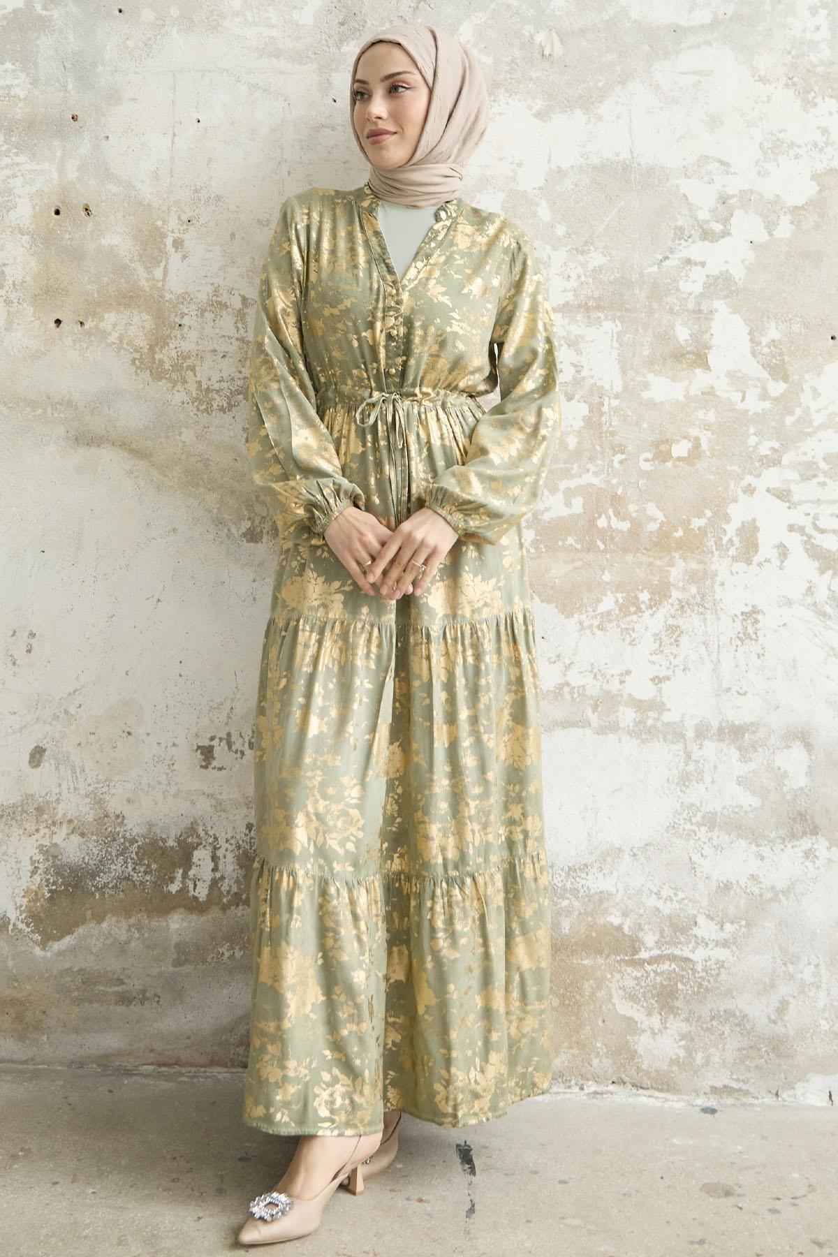 Gold Varaklı Yaprak Desen Mint Elbise