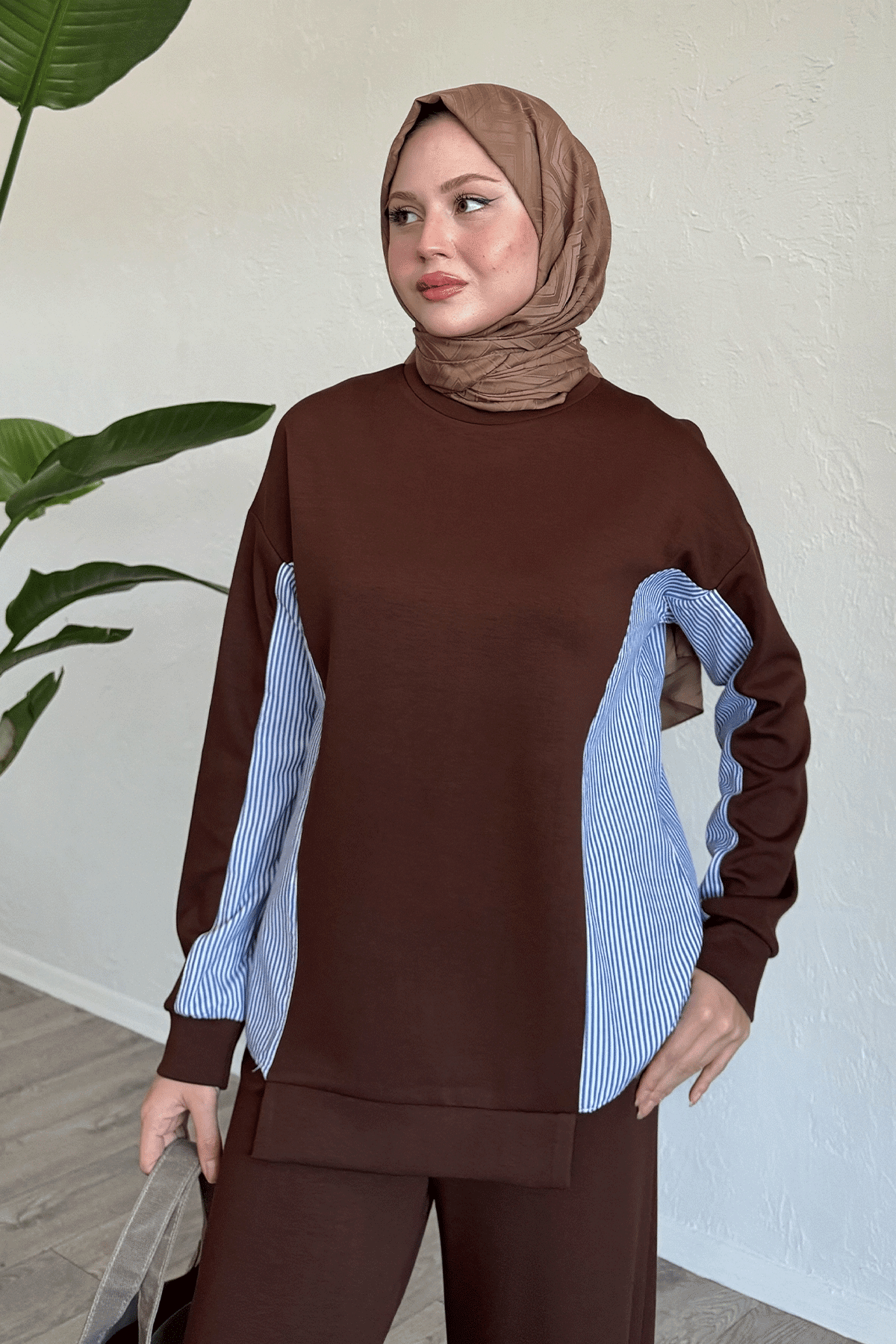 Gömlek Garnili İkili Takım Kahverengi