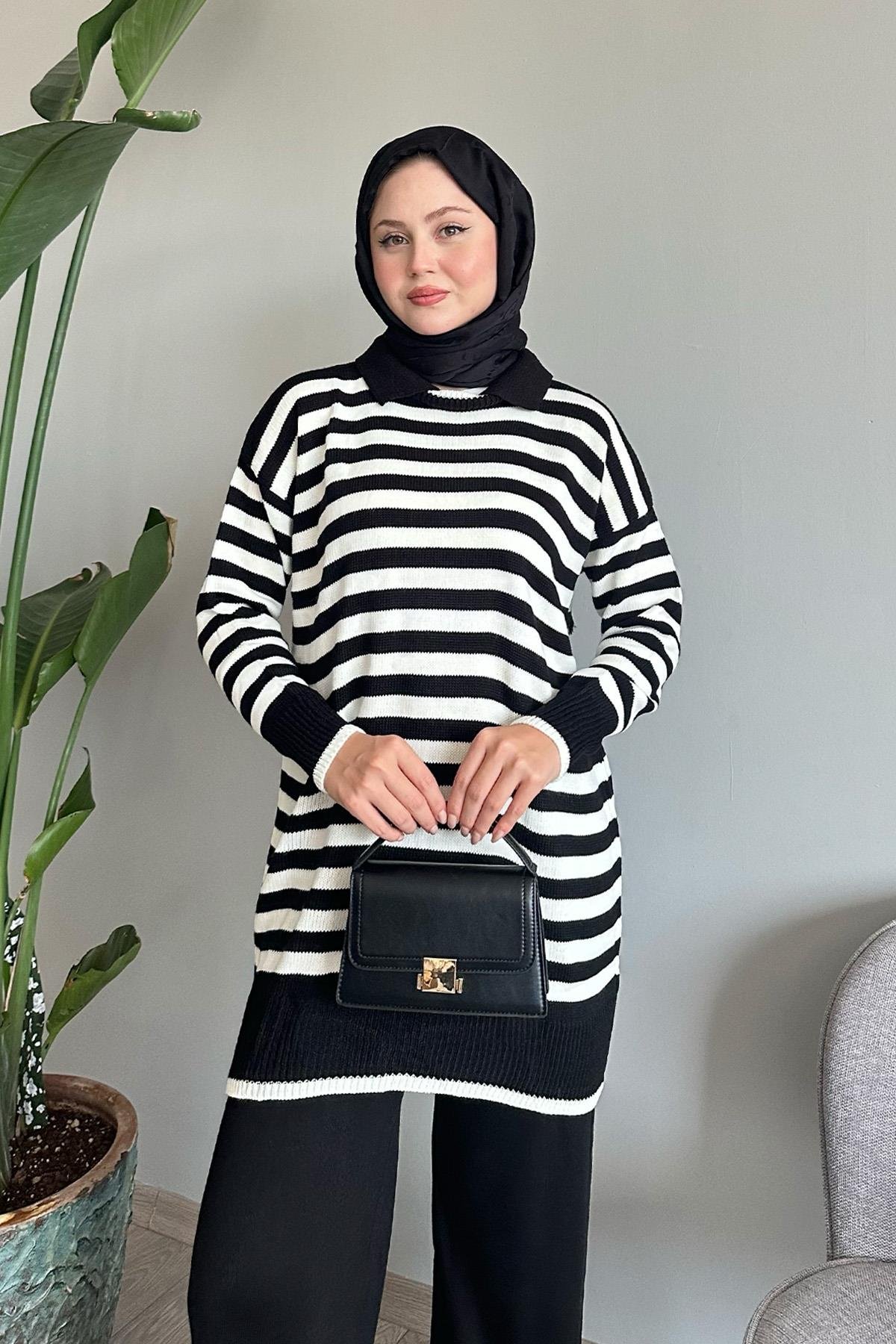 Gömlek Yaka Şeritli Siyah Triko Takım