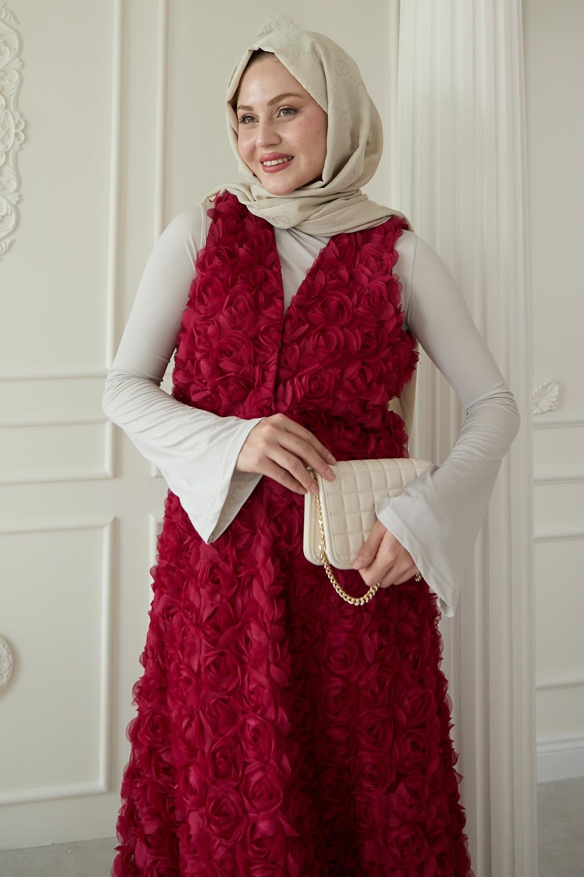 Gül Kabartmalı Yelekli Bordo İkili Takım