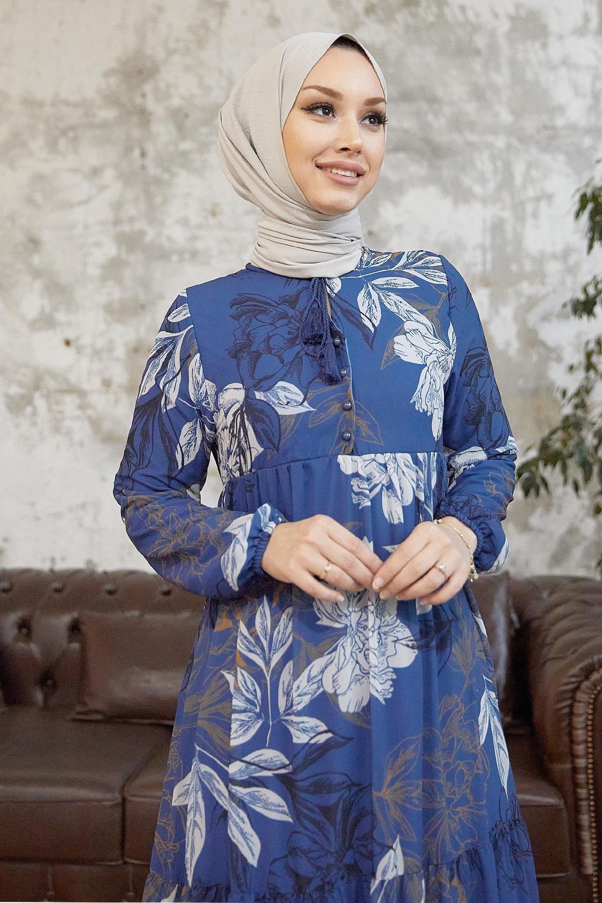 Jalya Yakası Düğmeli İpli Şifon İndigo Elbise