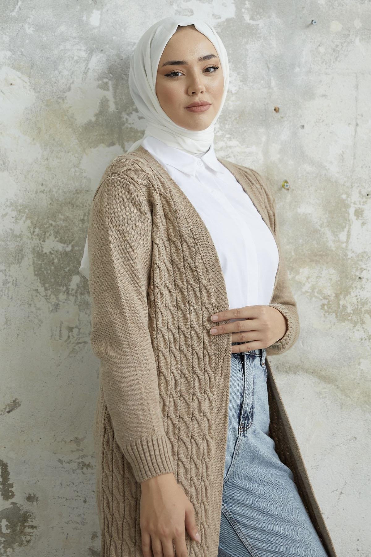 Jolie Örgü Desenli Triko Uzun Hırka - Koyu Bej