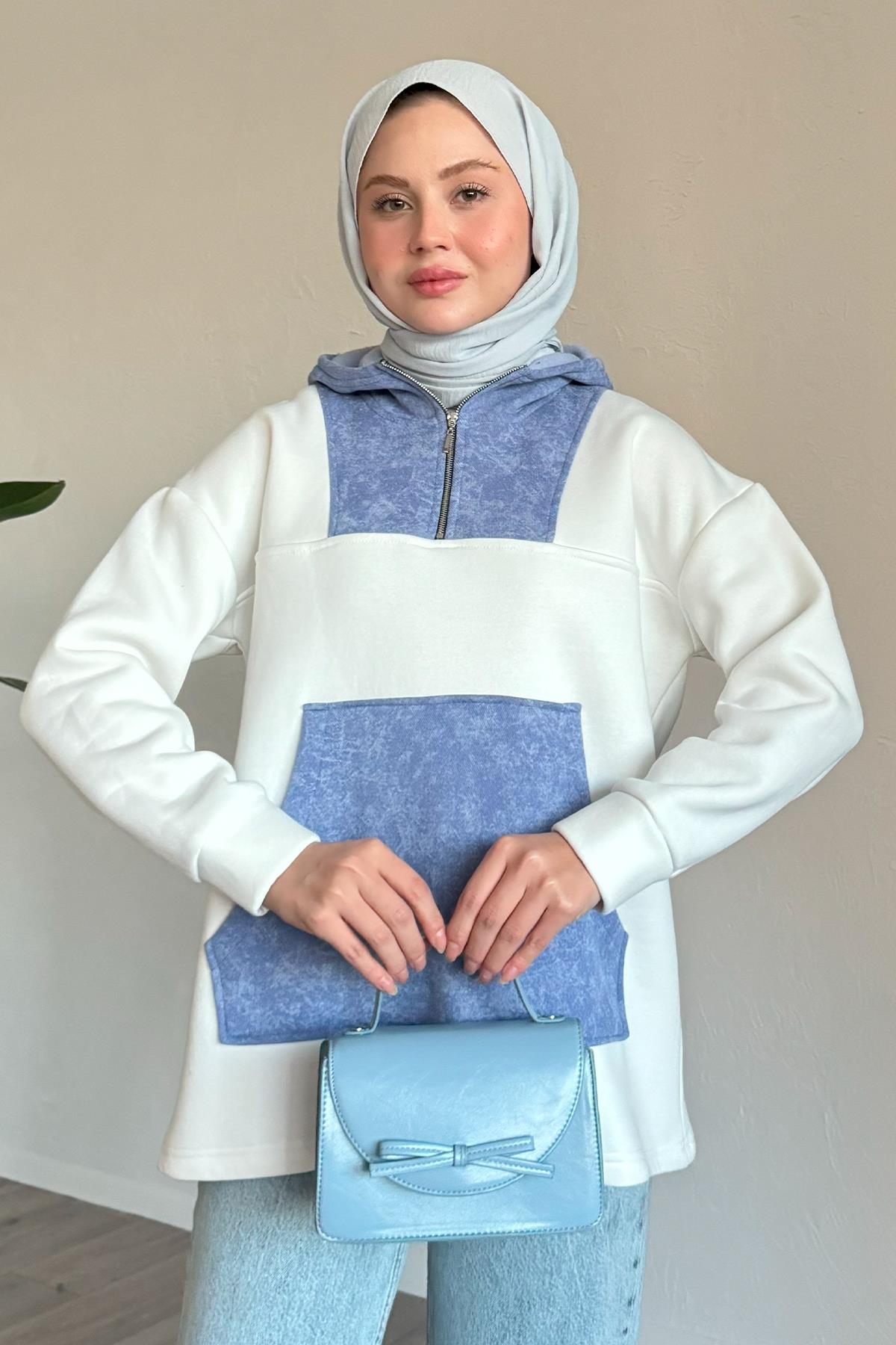 Kanguru Cepli Kapüşonlu Beyaz Sweat