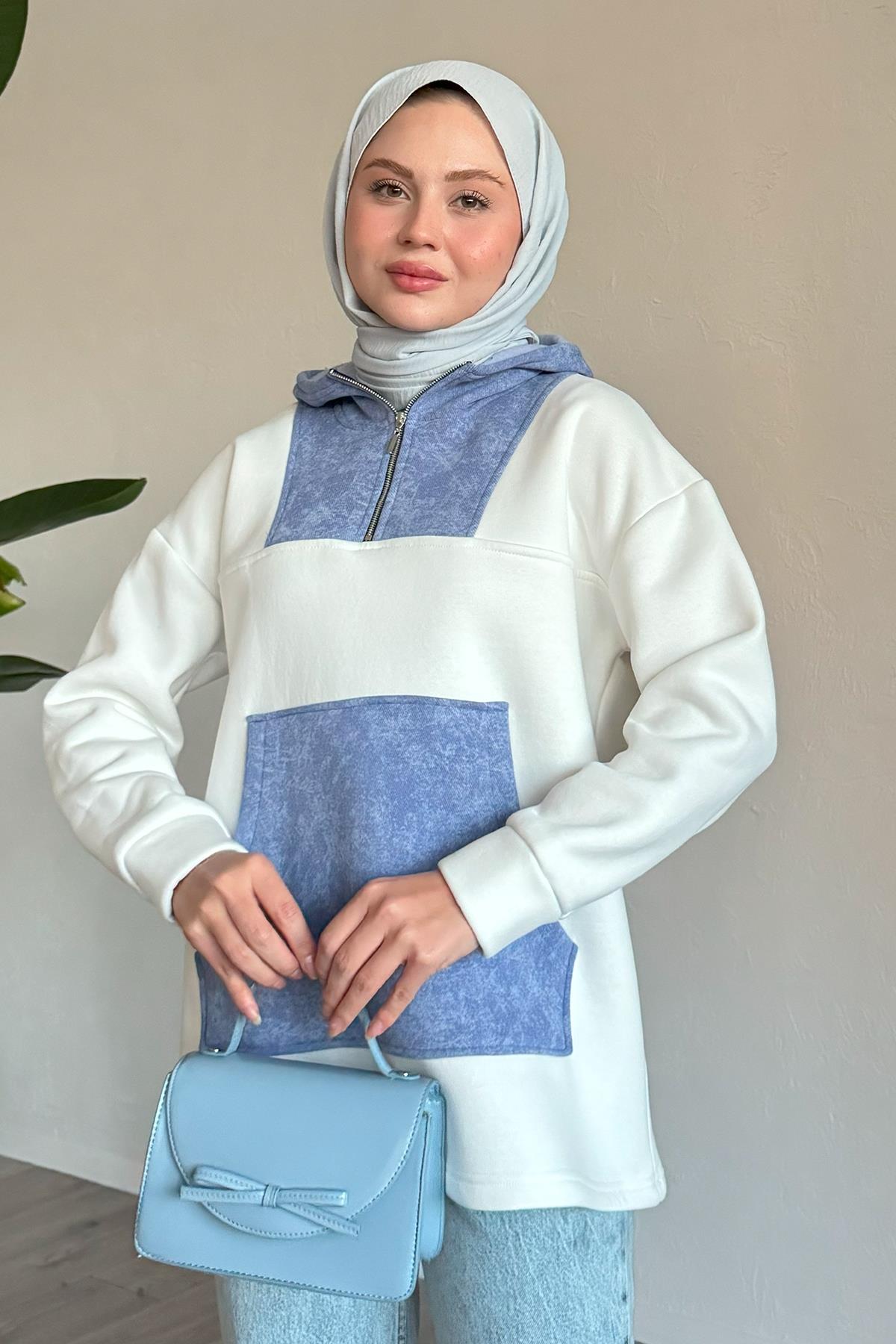 Kanguru Cepli Kapüşonlu Beyaz Sweat