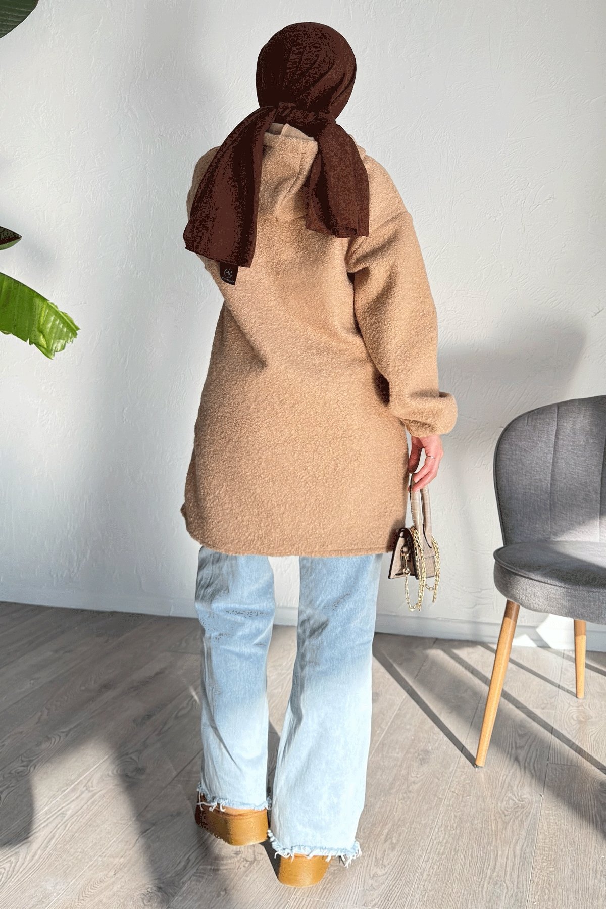 Kapüşonlu Buklet Kaşe Camel Kap
