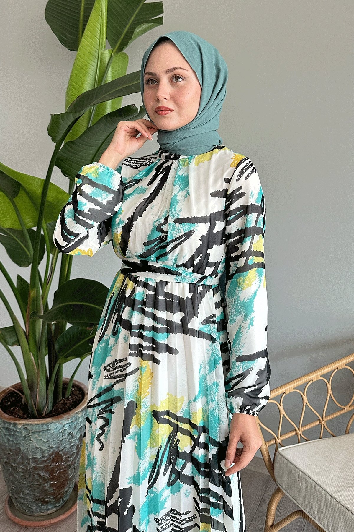 Karışık Şerit Desen Mint Şifon Elbise