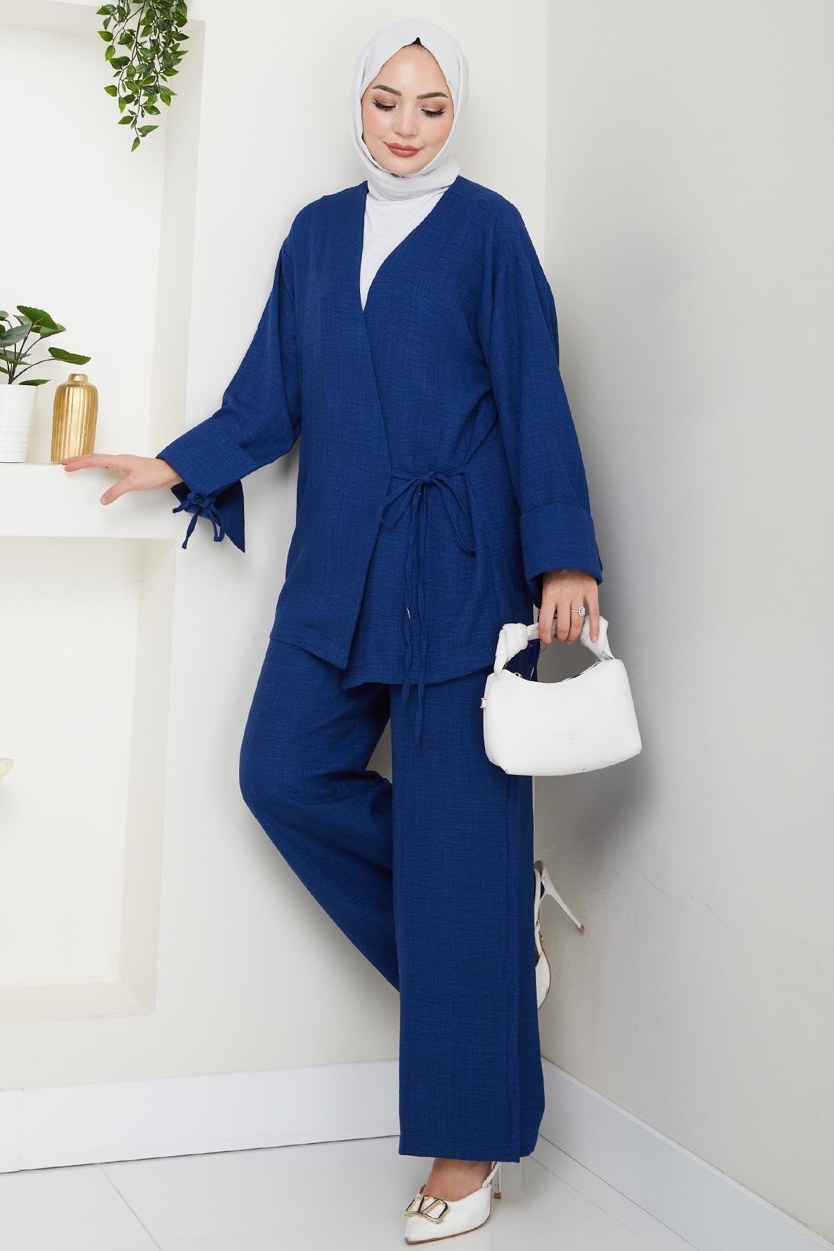 Keten Kimono İkili Lacivert Takım