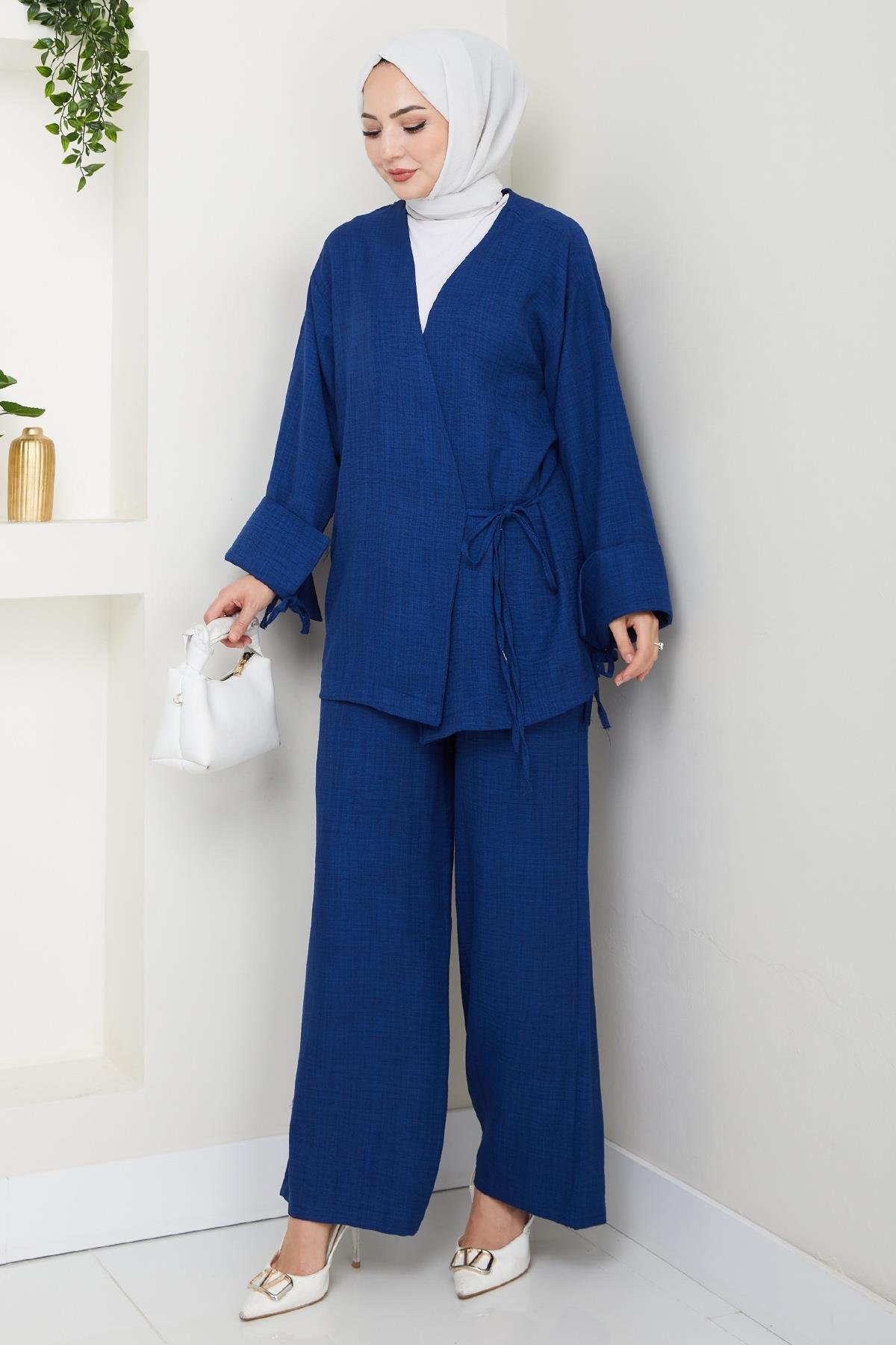 Keten Kimono İkili Lacivert Takım