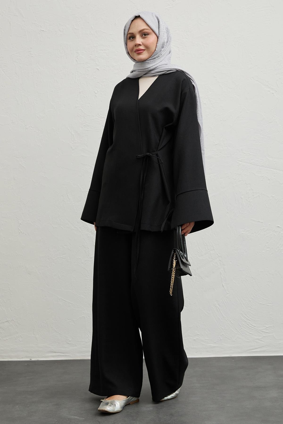 Keten Kimono İkili Siyah Takım
