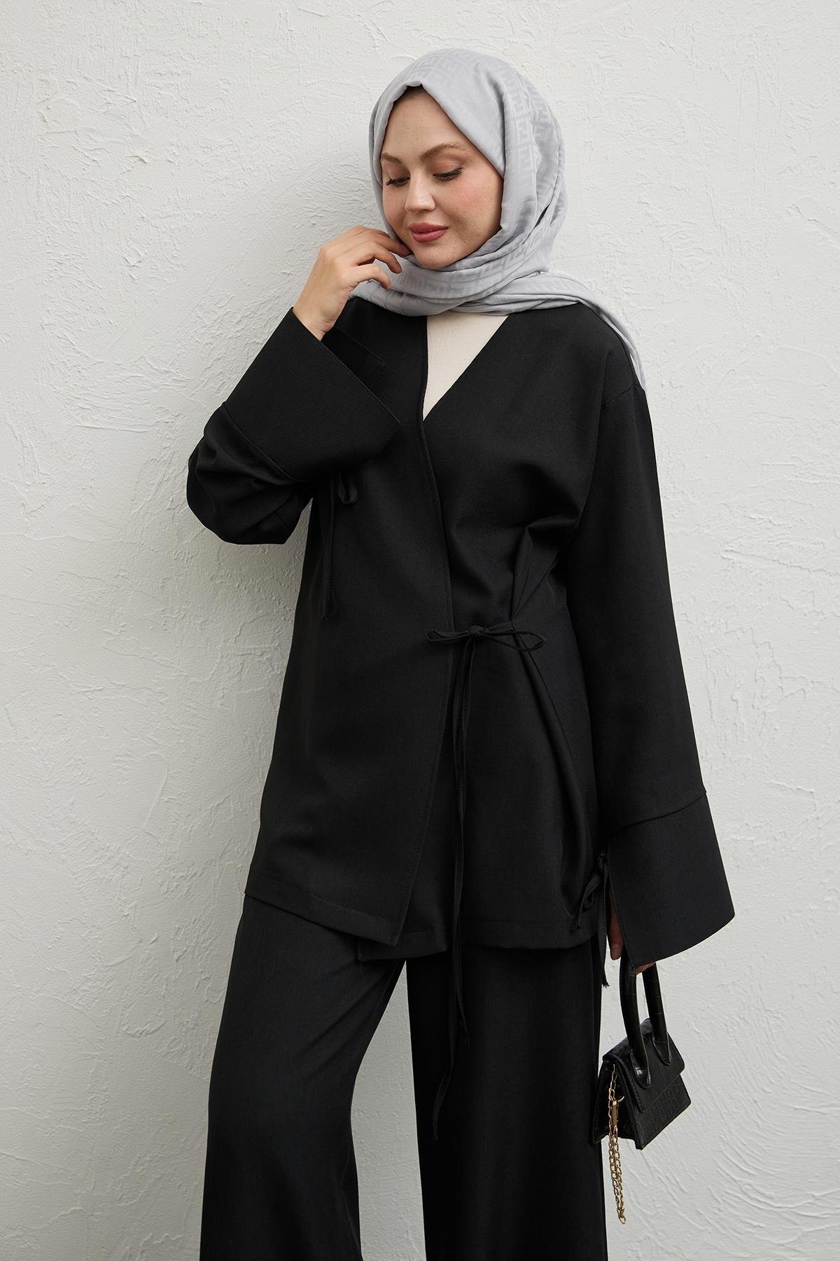 Keten Kimono İkili Siyah Takım
