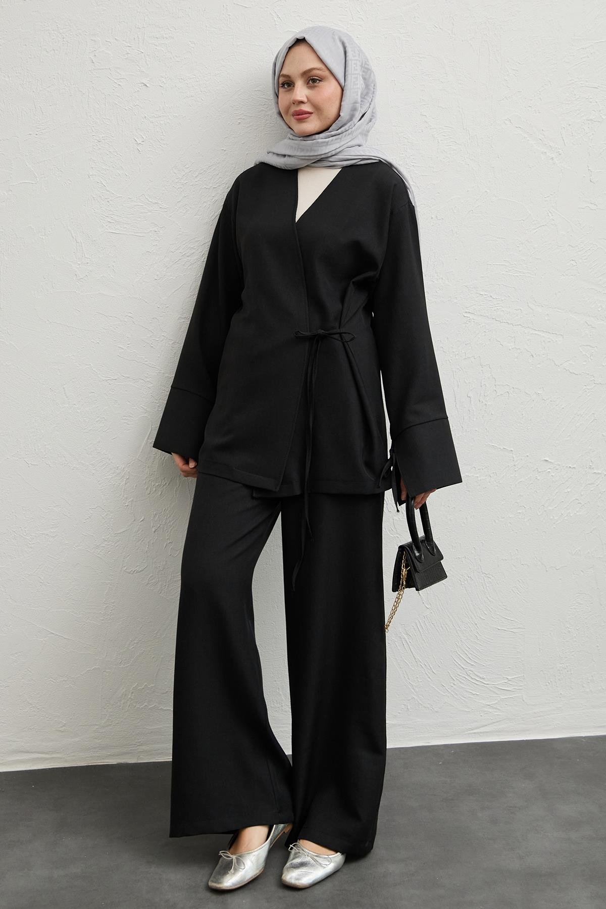 Keten Kimono İkili Siyah Takım
