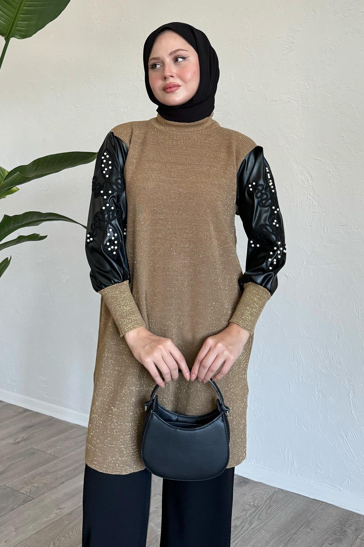 Kolları Deri Simli Camel Triko Tunik