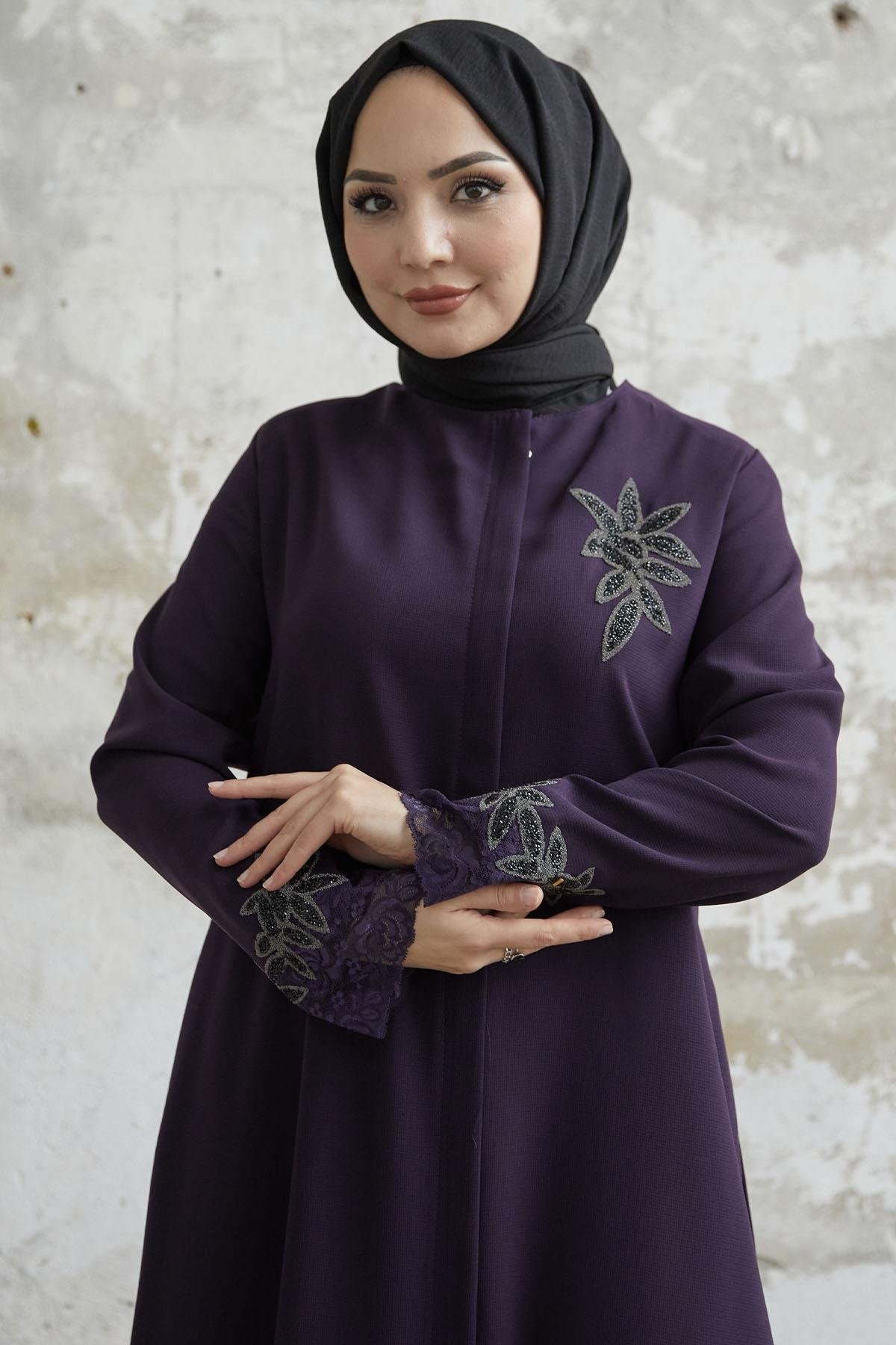 Kolu Çiçek Taşlı Mürdüm Ferace