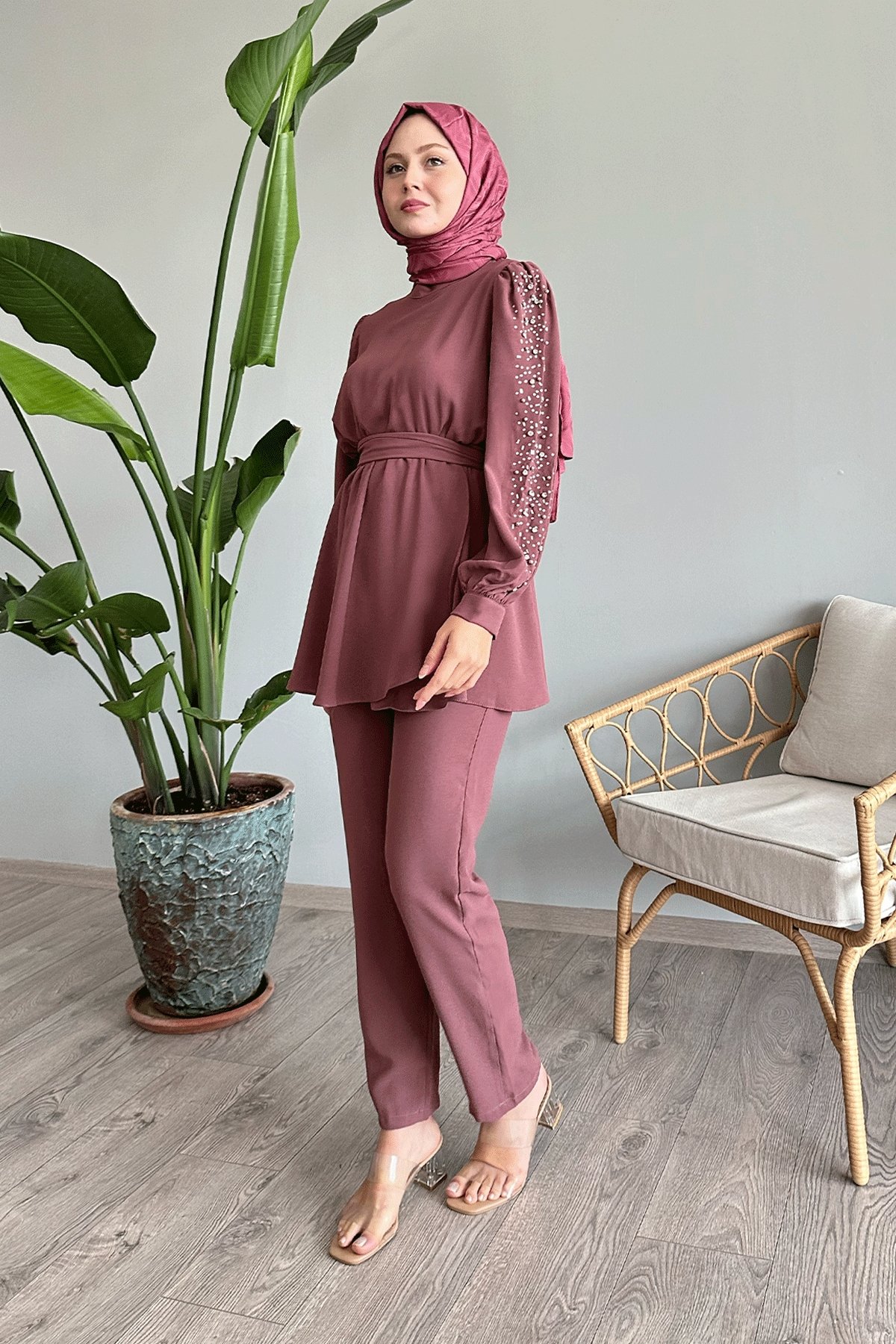 Kolu İnci Beli Büzgülü Gül Kurusu Takım