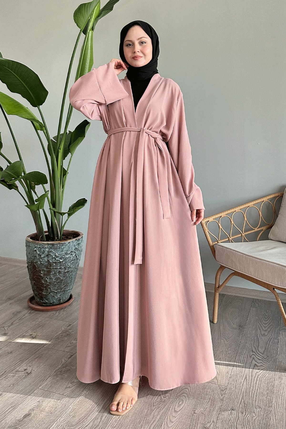 Kolu İpli Büzgülü Pudra Abaya