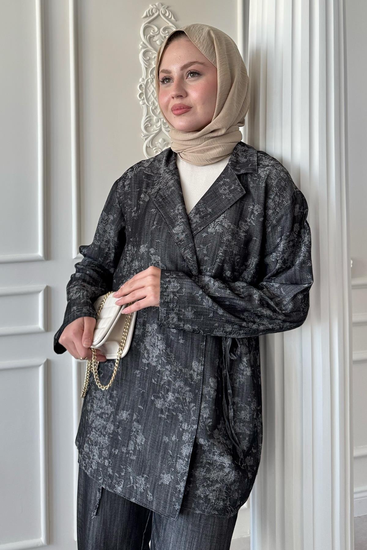 Kot Görünümlü Jakar Antrasit Kimono Takım