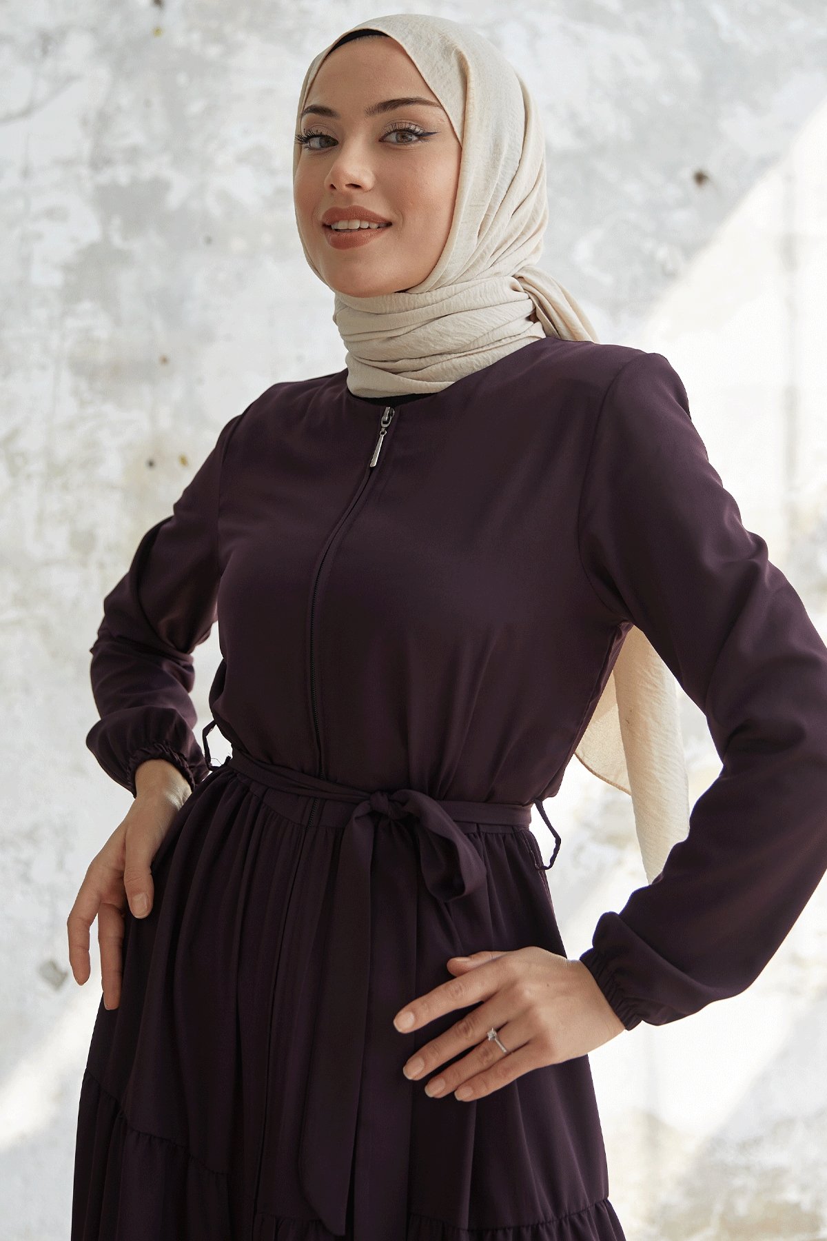 Kuşaklı Eteği Büzgü Mürdüm Ferace