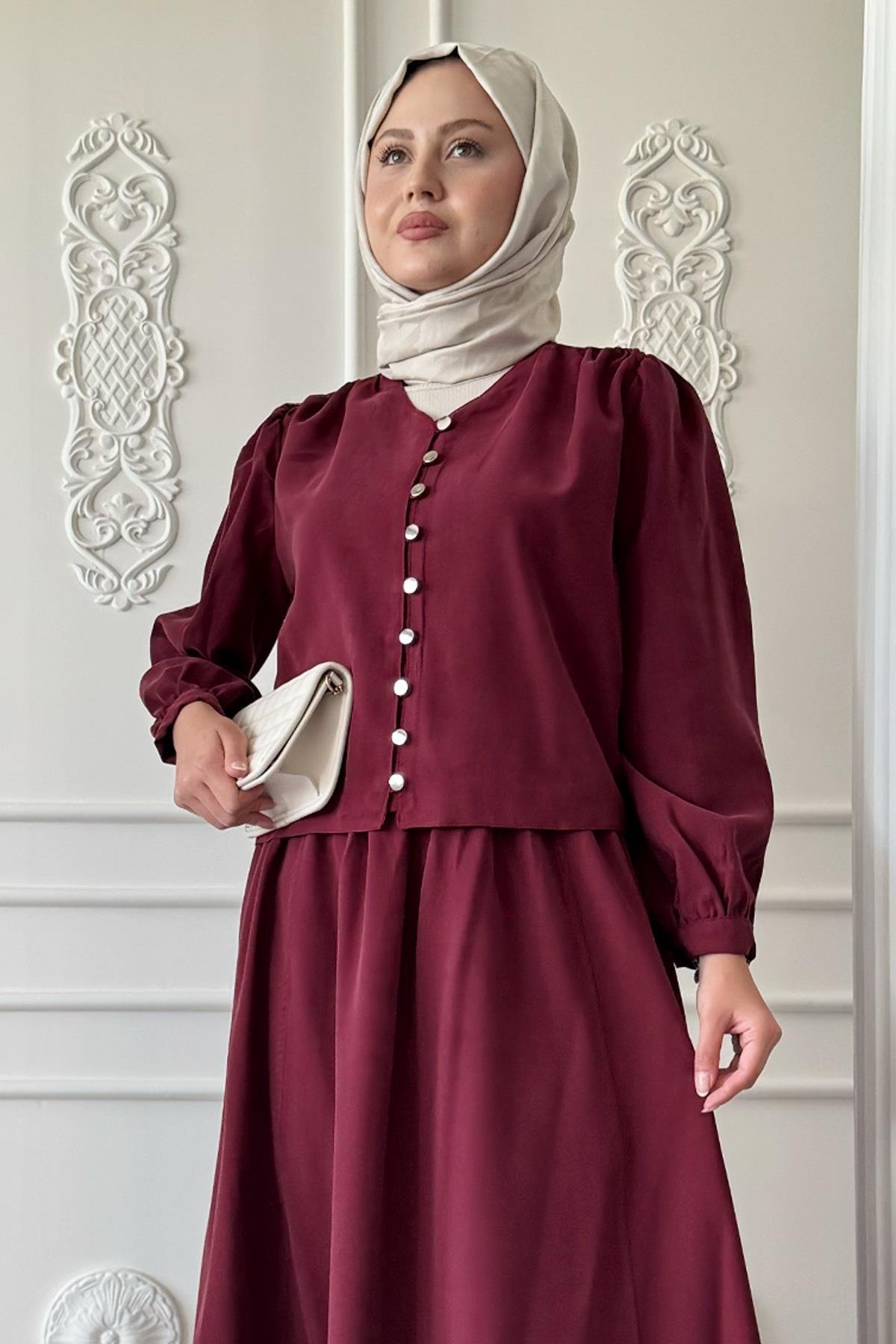 Lastikli Düğme Detaylı Etekli Bordo Takım