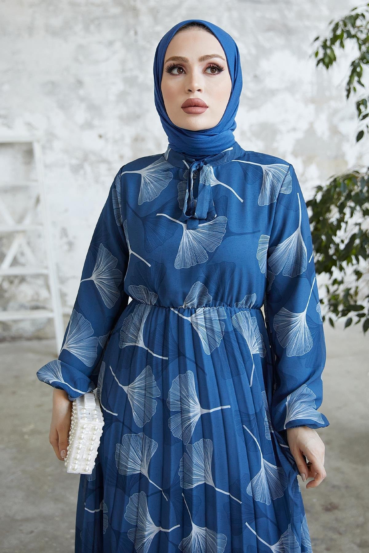 Layla Desenli İndigo Şifon Elbise