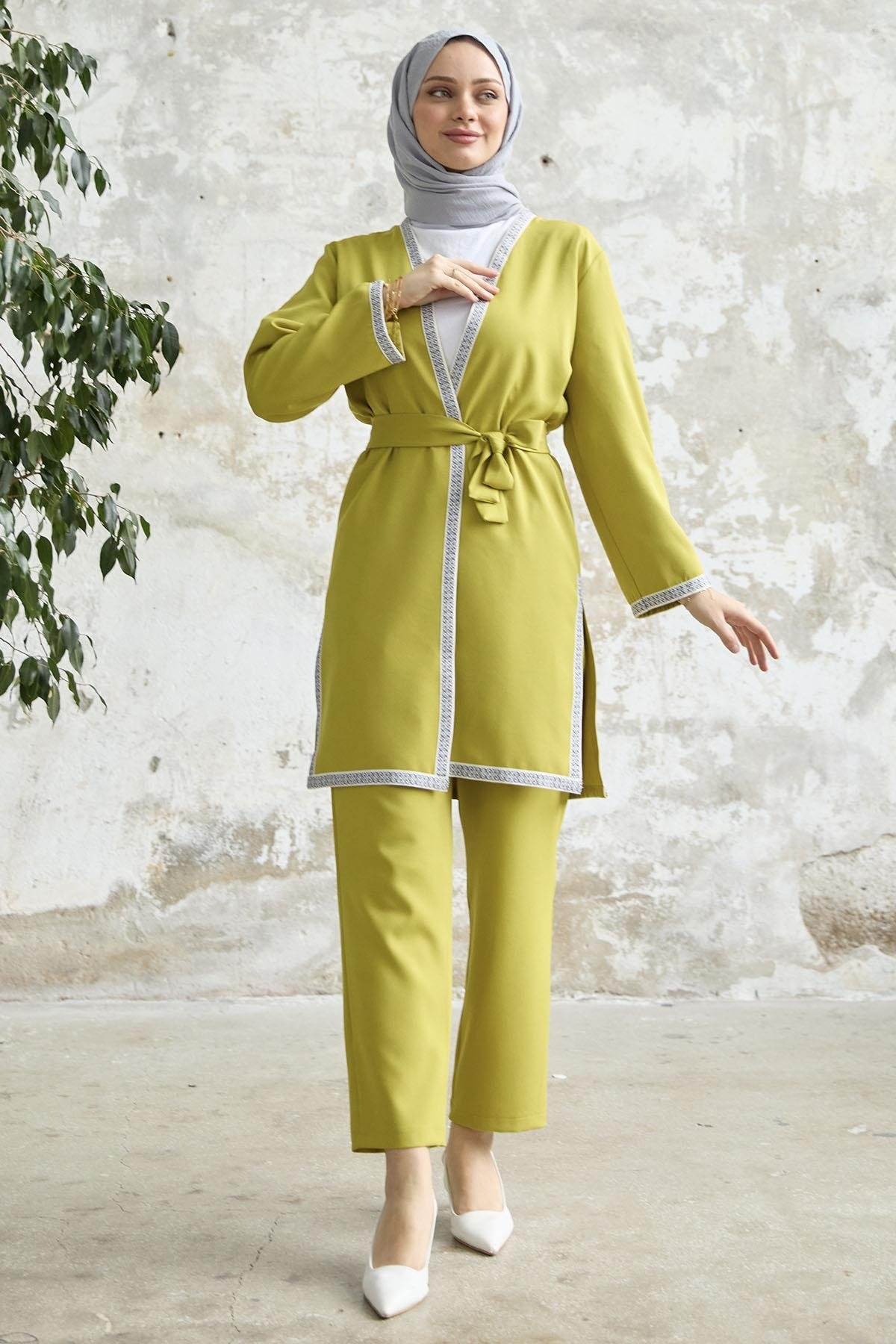Nakış Desenli Kimono Yağ Yeşili Takım