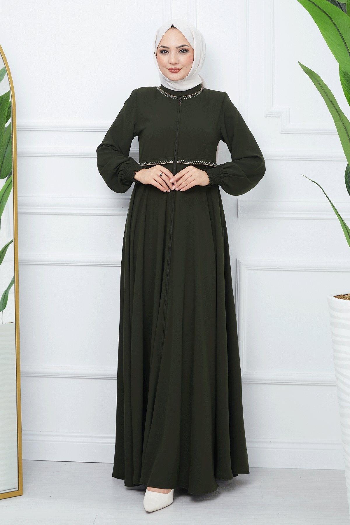 Nakışlı Mevlana Kumaş Haki Ferace