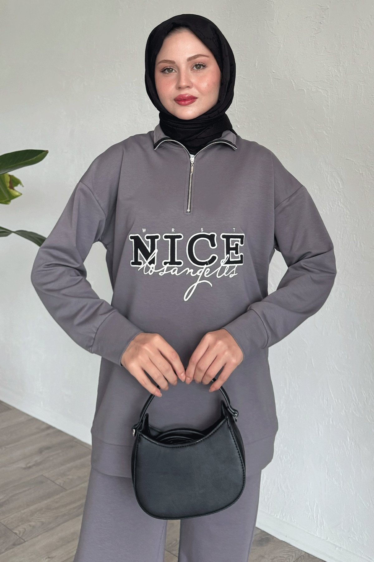 Nice Yazılı Fermuarlı Antrasit İkili Takım