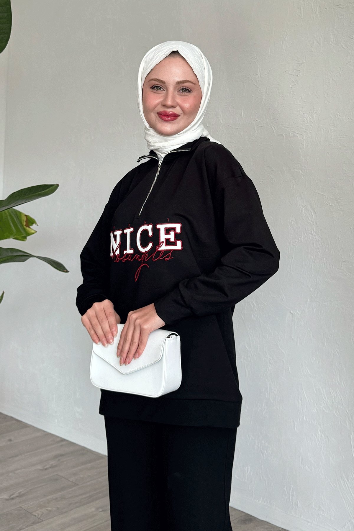Nice Yazılı Fermuarlı Siyah İkili Takım