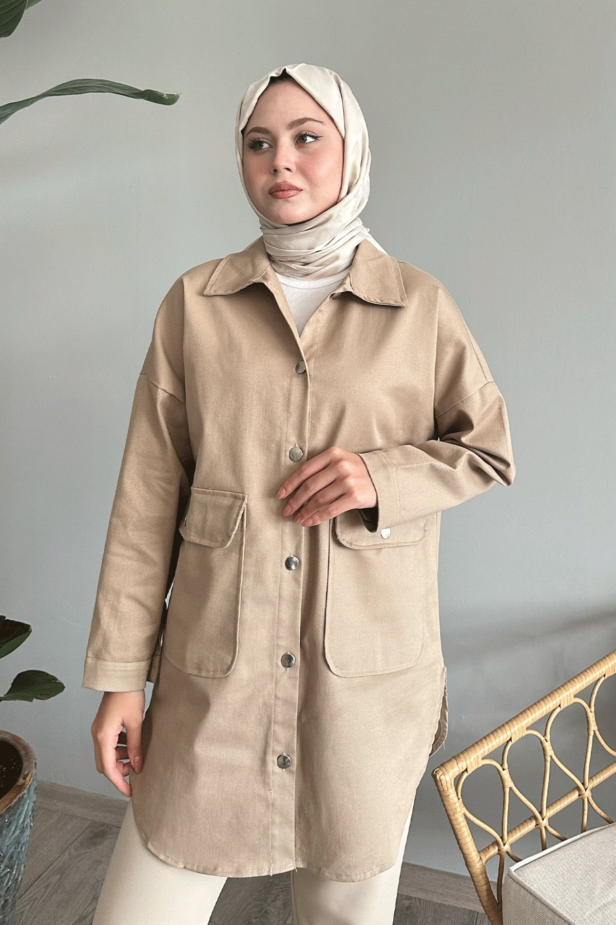Oversize Gabardin Krem Ceket