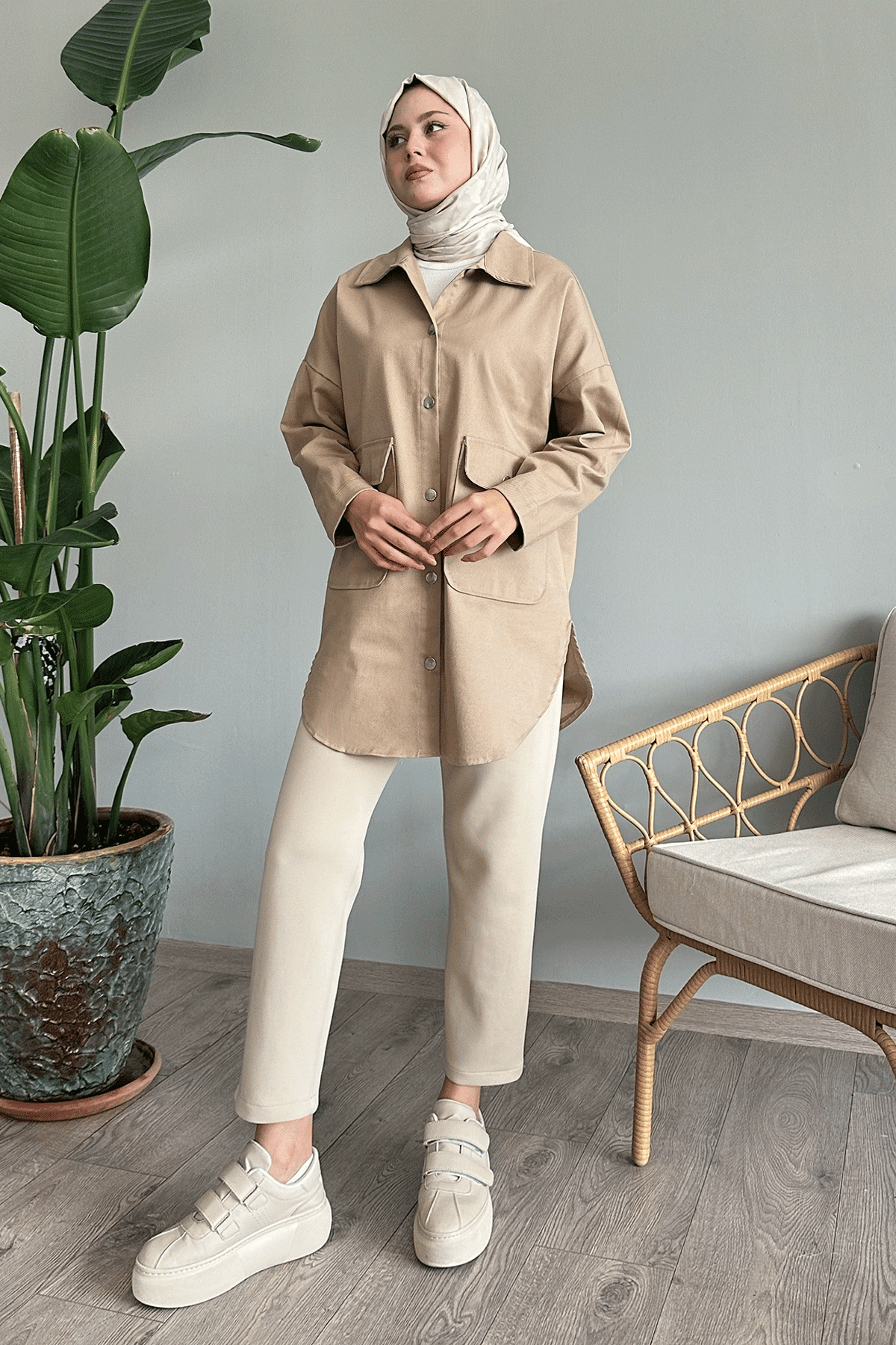 Oversize Gabardin Krem Ceket