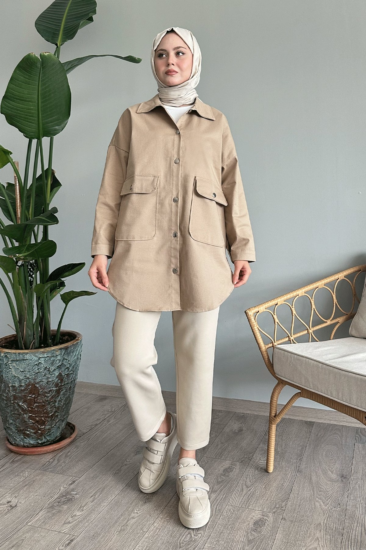 Oversize Gabardin Krem Ceket