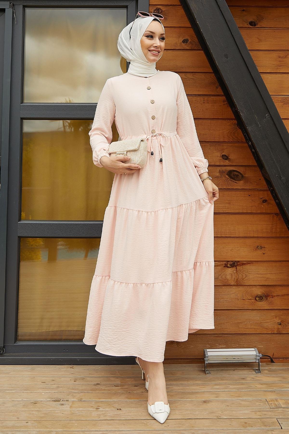 Pamela Düğmeli Ayrobin  Toz Pembe Elbise