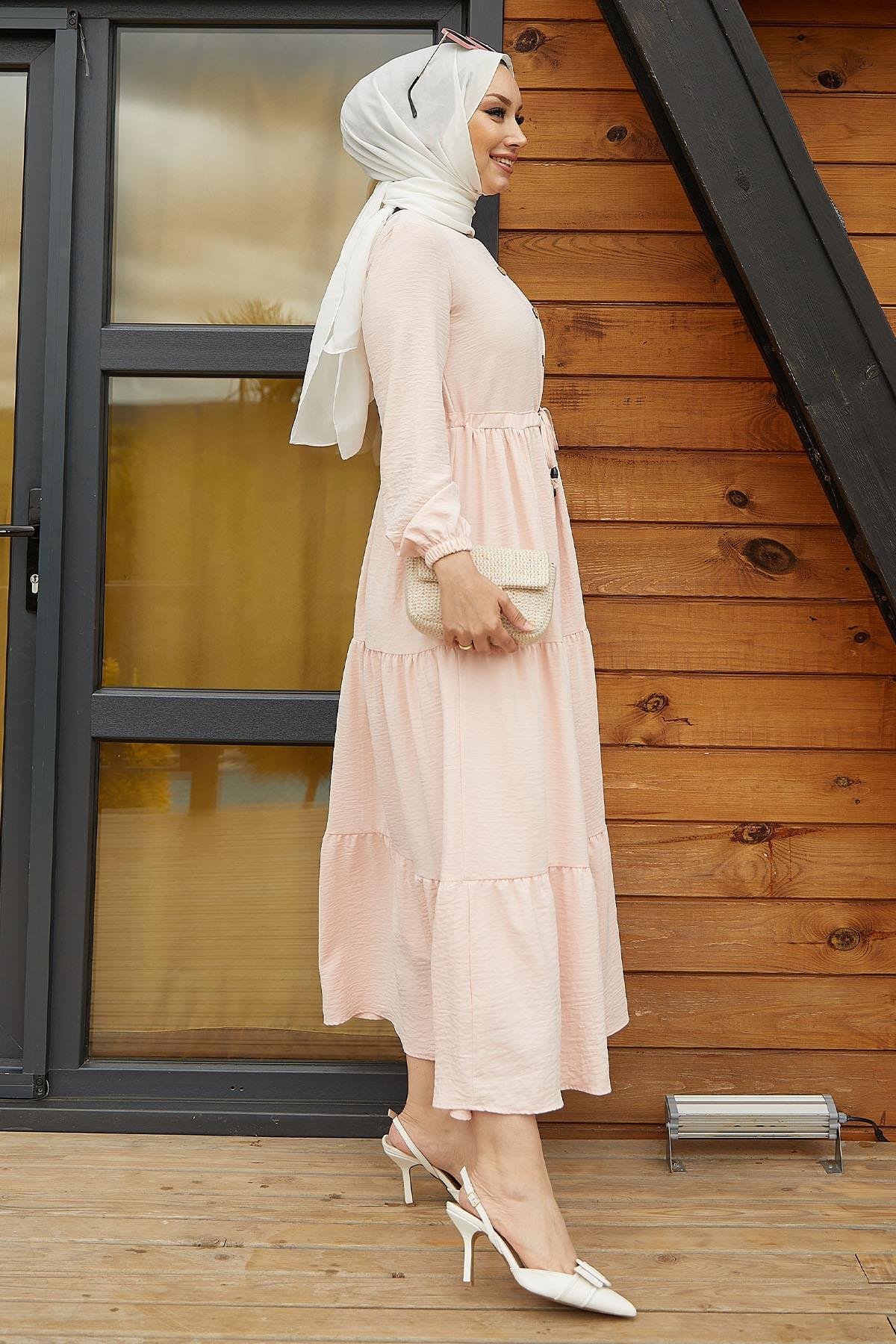 Pamela Düğmeli Ayrobin  Toz Pembe Elbise