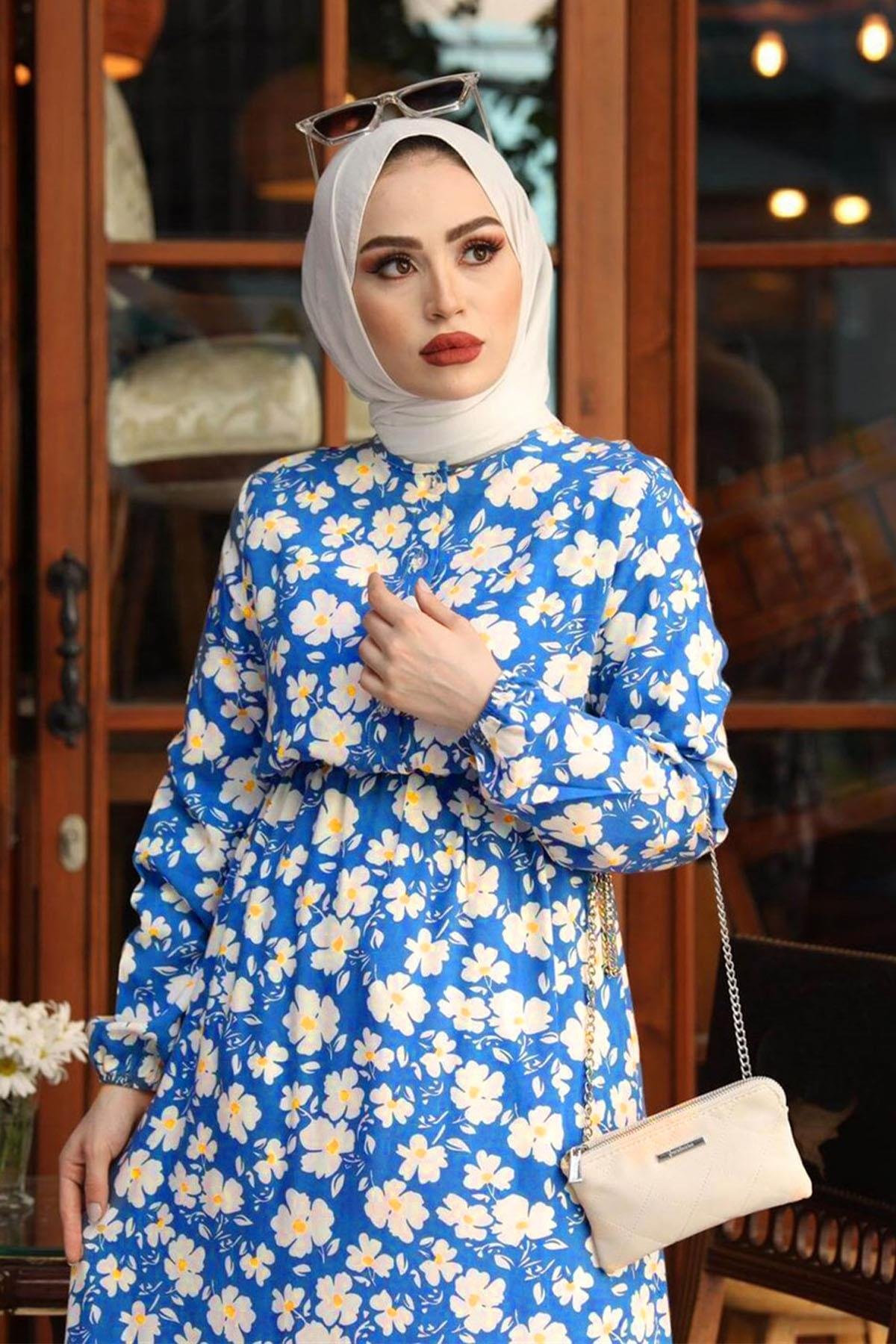 Papatya Desen Dokuma İndigo Elbise