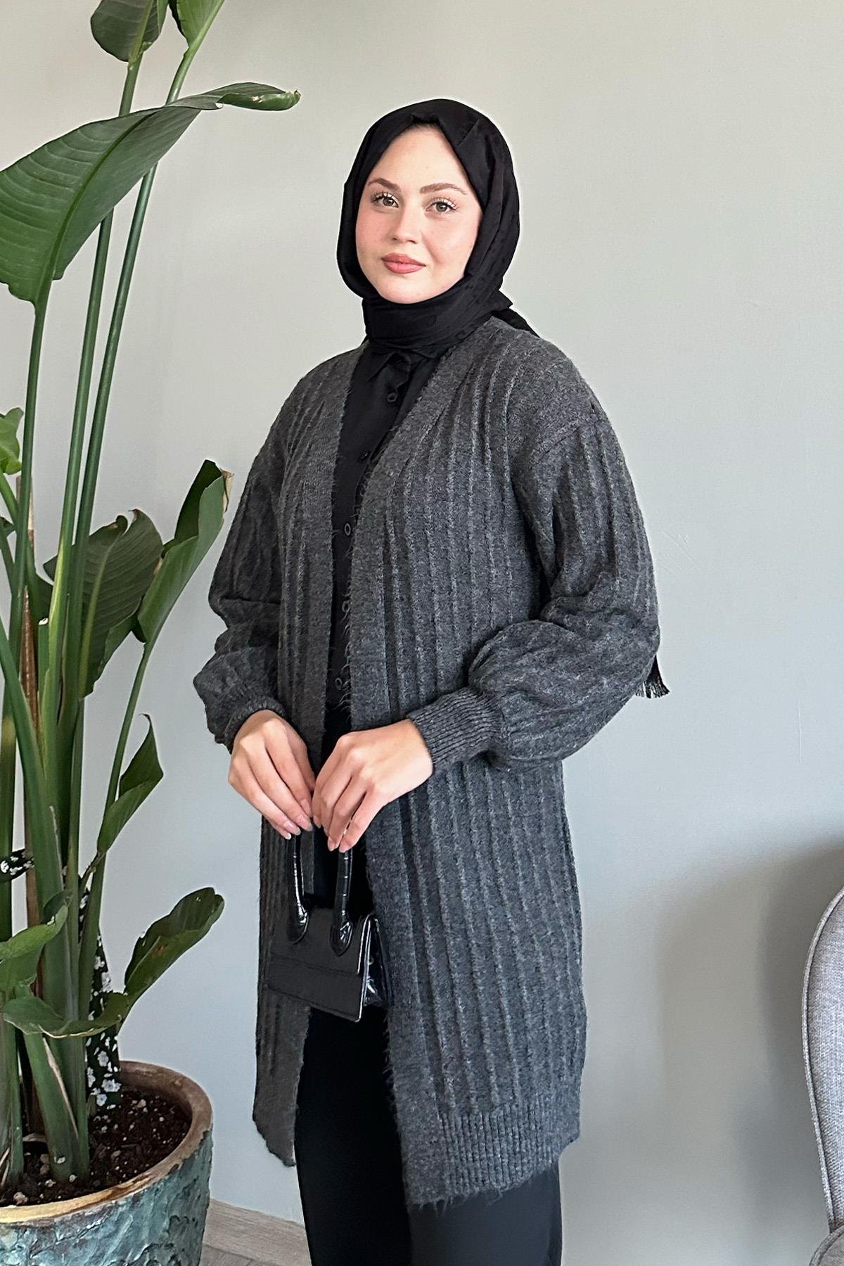 Peluş Fitilli Antrasit Triko Hırka