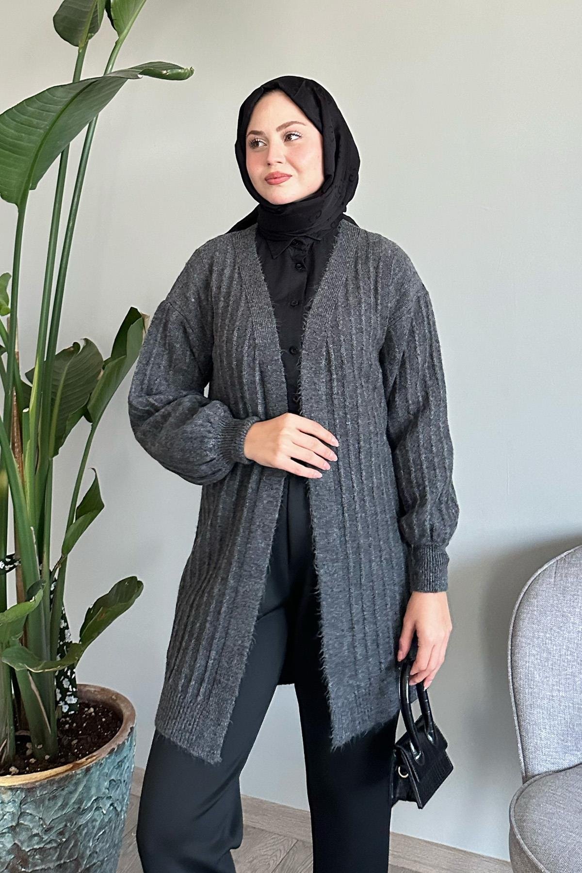 Peluş Fitilli Antrasit Triko Hırka