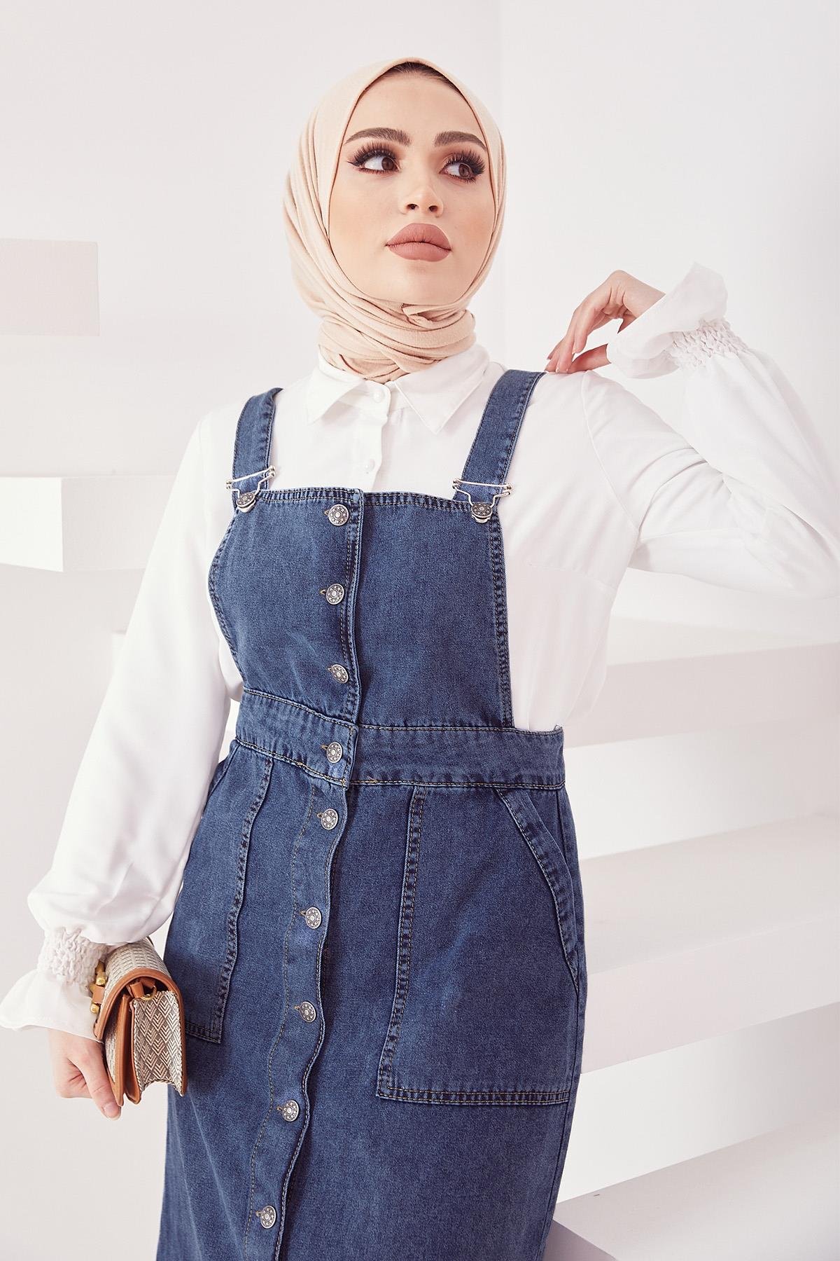 Sare Askılı Düğmeli Kot Salopet Elbise - Buz Mavisi