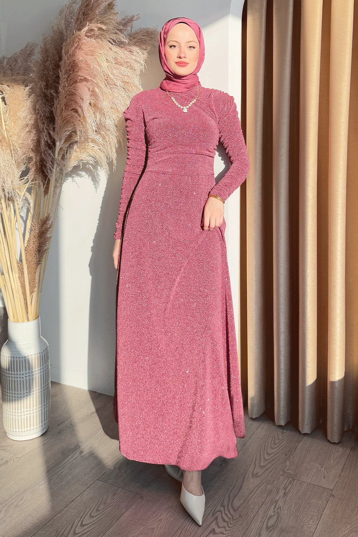 Simli Kruvaze Büzgülü Pembe Elbise