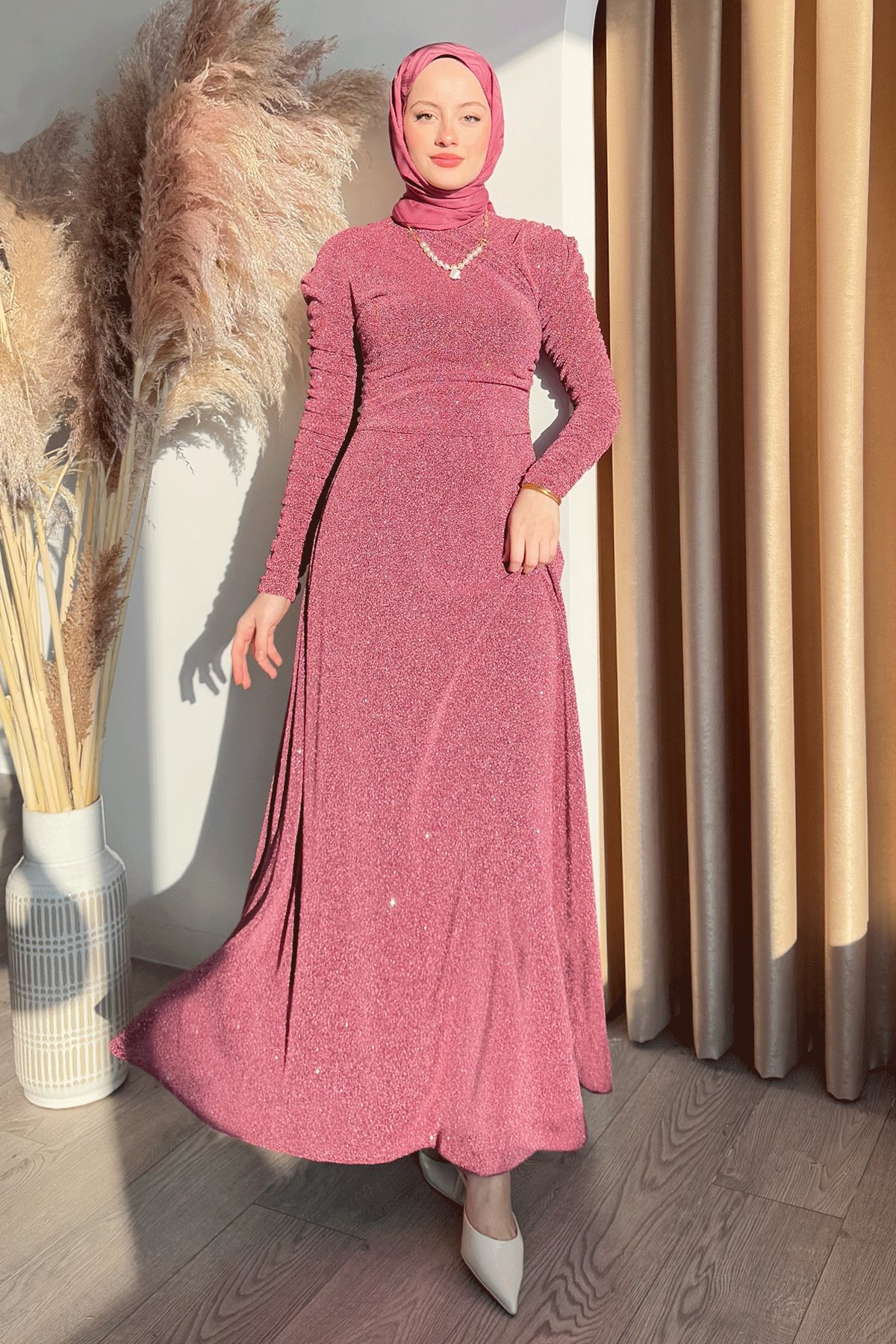 Simli Kruvaze Büzgülü Pembe Elbise