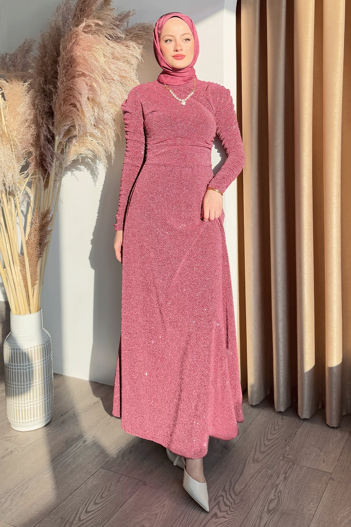 Simli Kruvaze Büzgülü Pembe Elbise