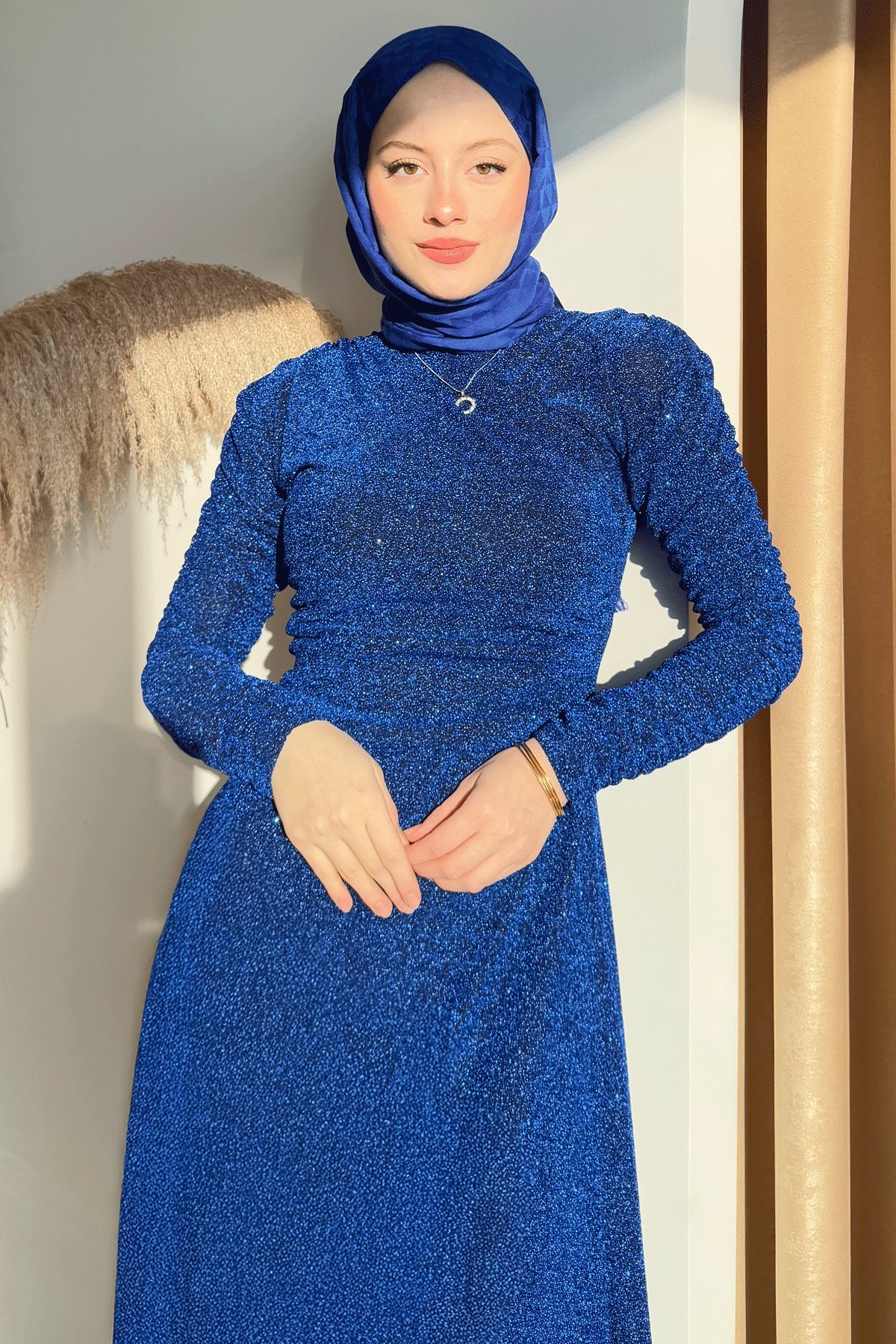 Simli Kruvaze Büzgülü Saks Mavisi Elbise