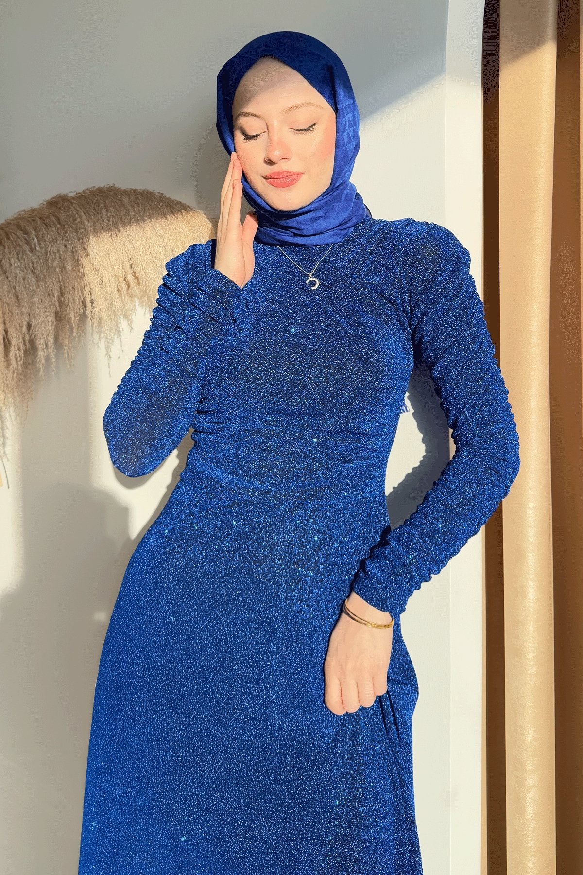 Simli Kruvaze Büzgülü Saks Mavisi Elbise