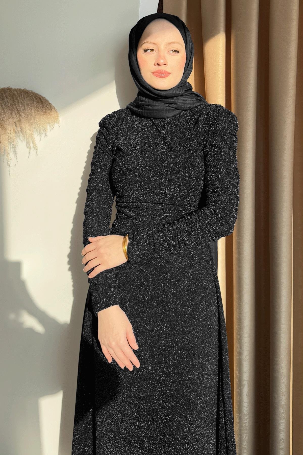 Simli Kruvaze Büzgülü Siyah Elbise