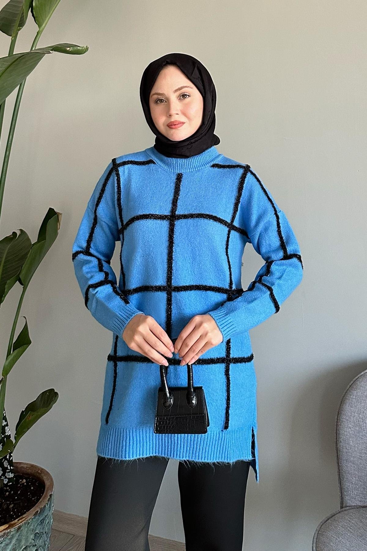Simli Yumoş Mavi Triko Tunik