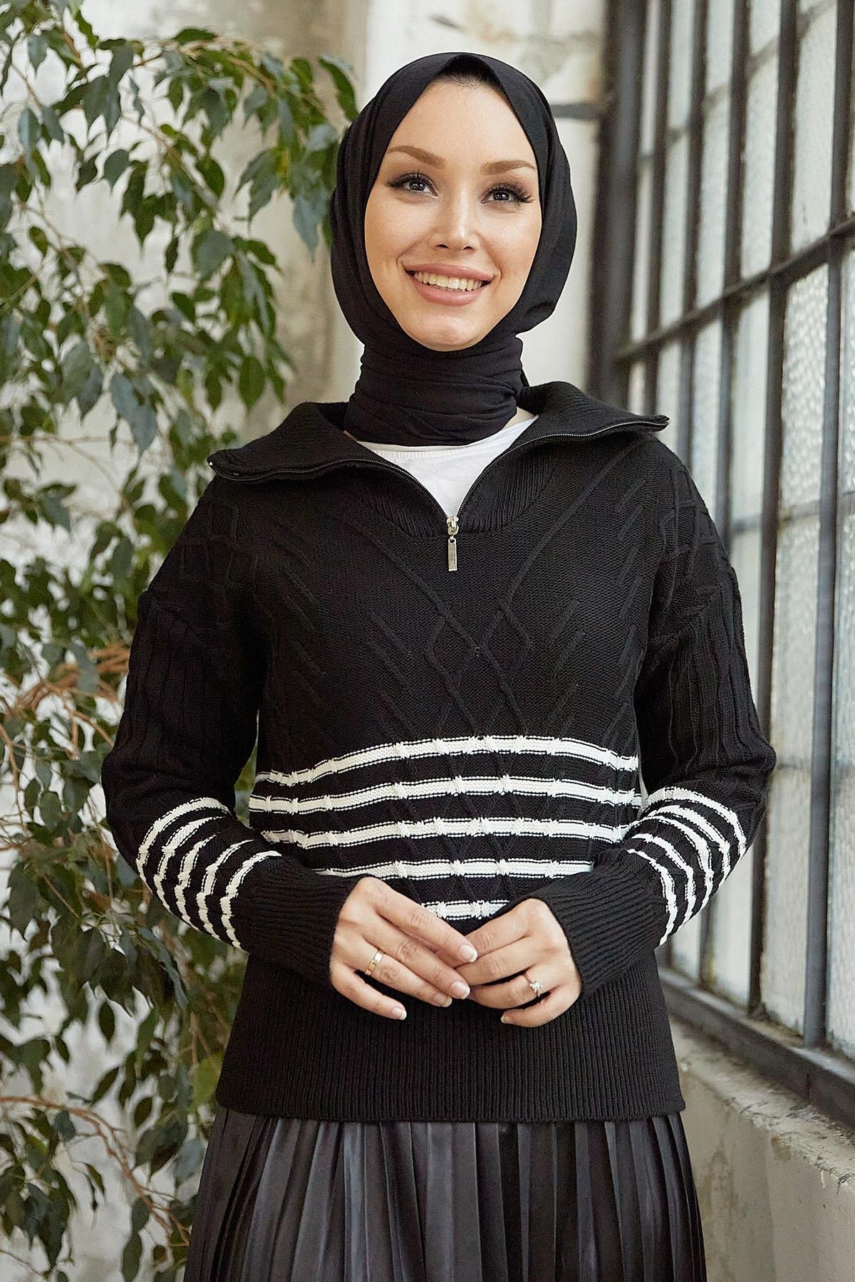 Sova Boğazı Fermuarlı Şeritli Triko Kazak - Siyah