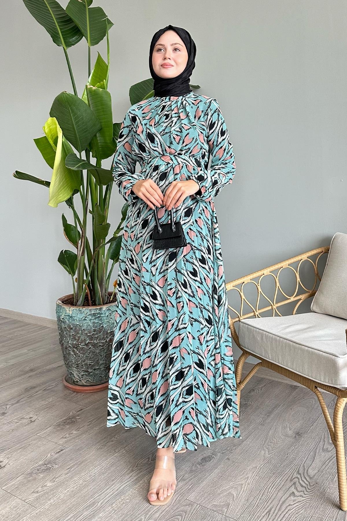 Soyut Fırça Desen Mint Şifon Elbise