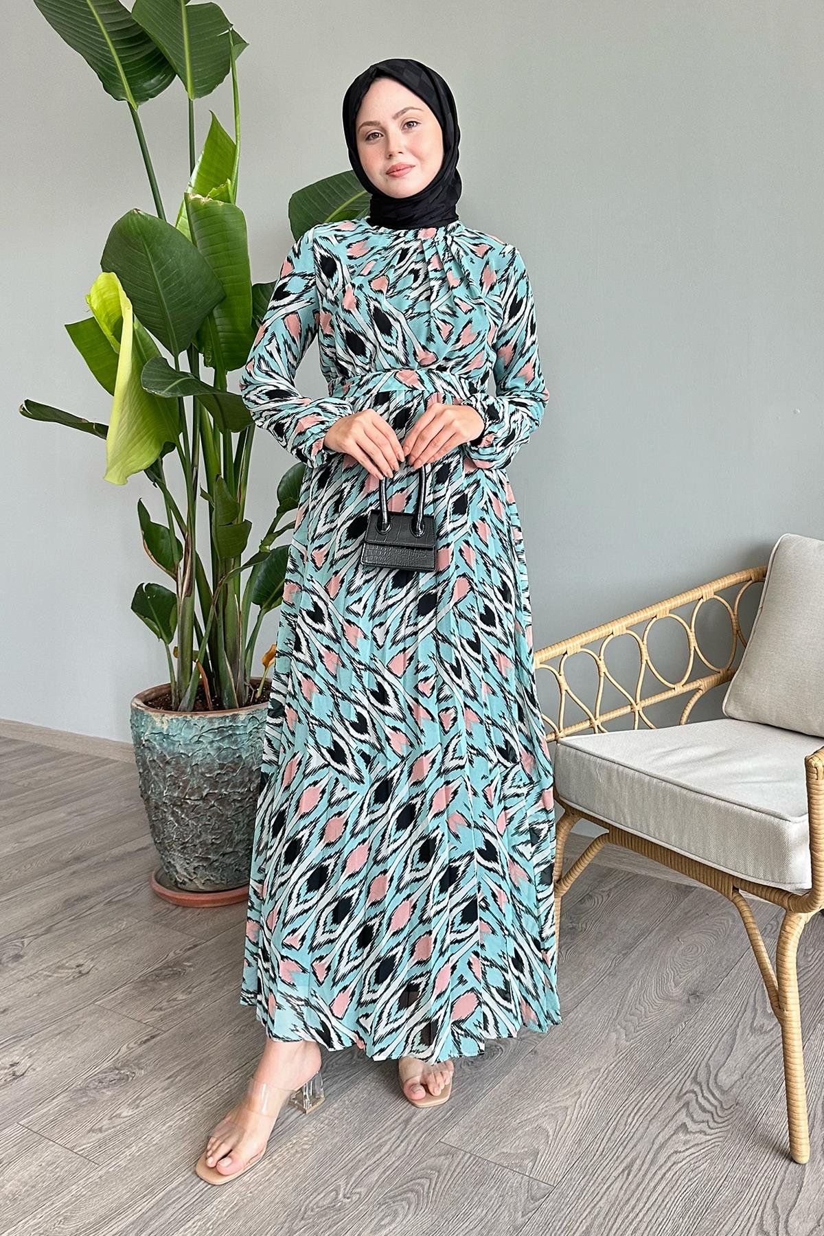 Soyut Fırça Desen Mint Şifon Elbise